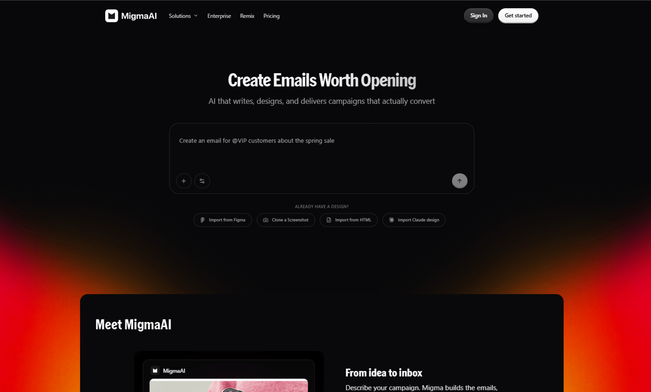 Migma AI homepage showing the headline "Emails, Flows, Segments. One Prompt Away." with a dark background 