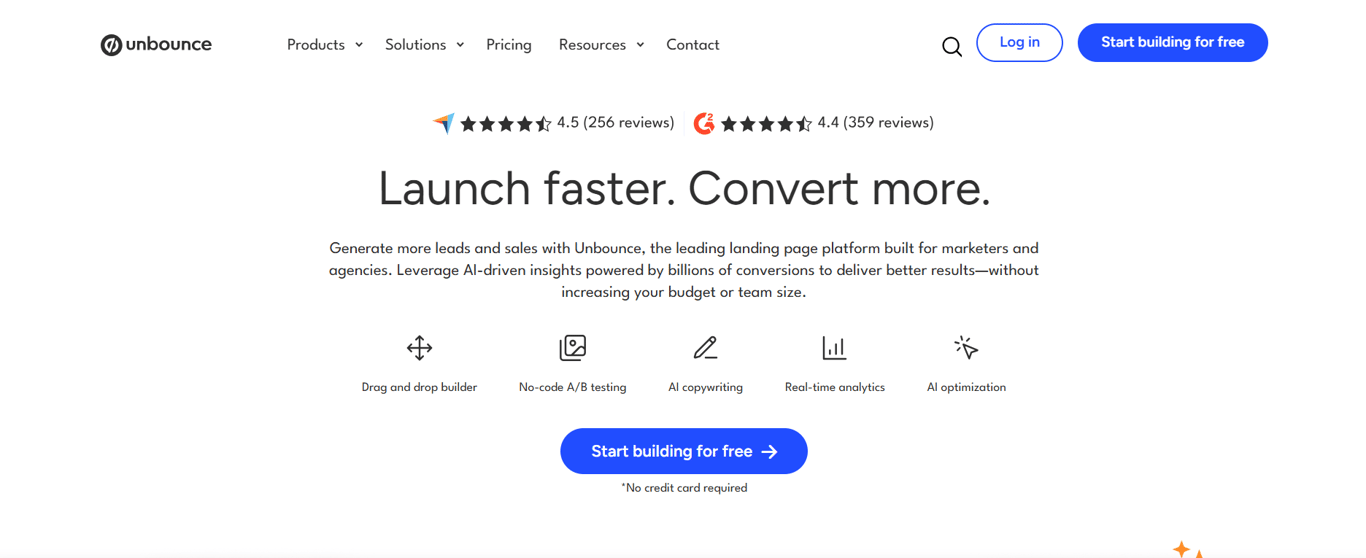 Unbounce homepage showing the headline "Launch faster. Convert more." with ratings of 4.5 on Capterra and 4.4 on G2, and five feature icons 