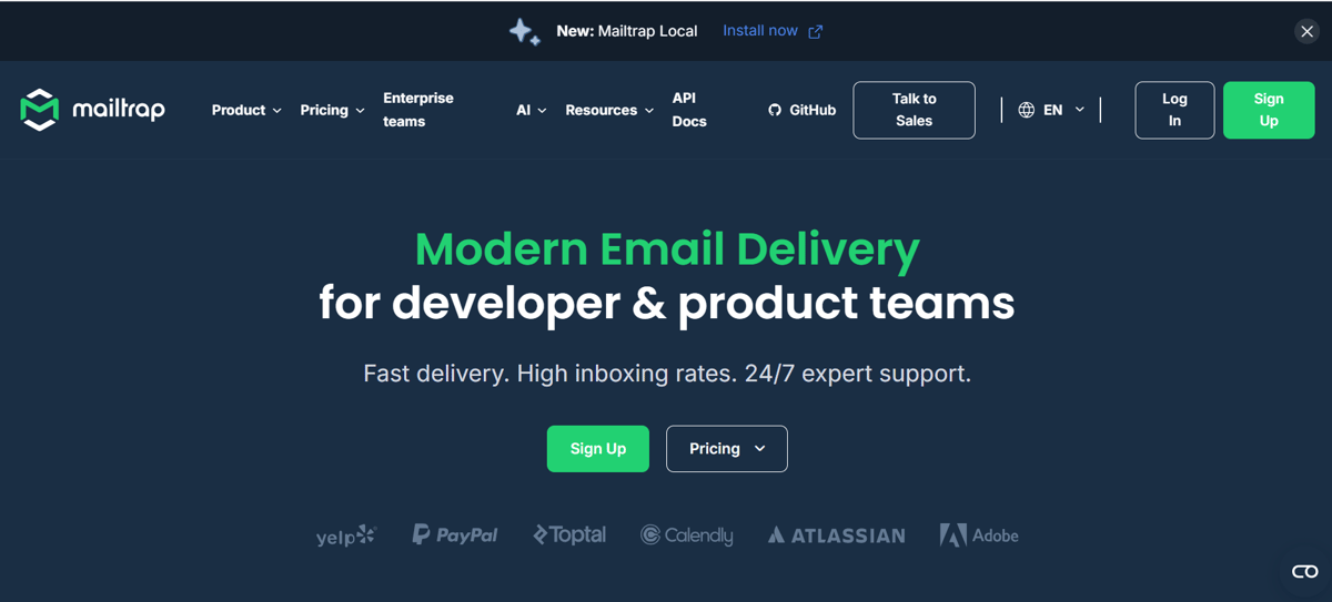 Homepage of Mailtrap