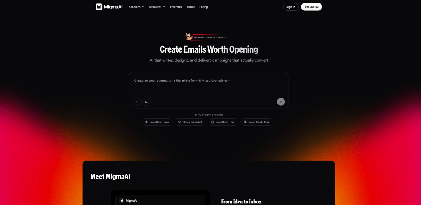 Migma AI homepage screenshot showing the AI email campaign generator interface