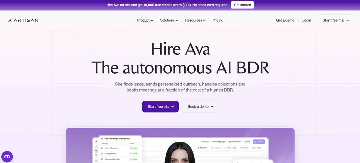 Artisan AI homepage showing the headline "Hire Ava, The autonomous AI BDR" 