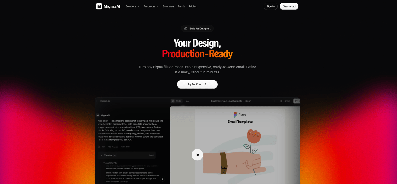 Migma AI designers page showing Figma-to-email conversion
