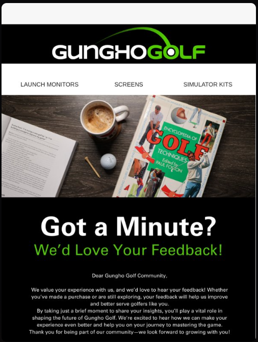 A post-purchase feedback email template with a short message, a one-click satisfaction rating option, and a follow-up line for customers who select a low score. 