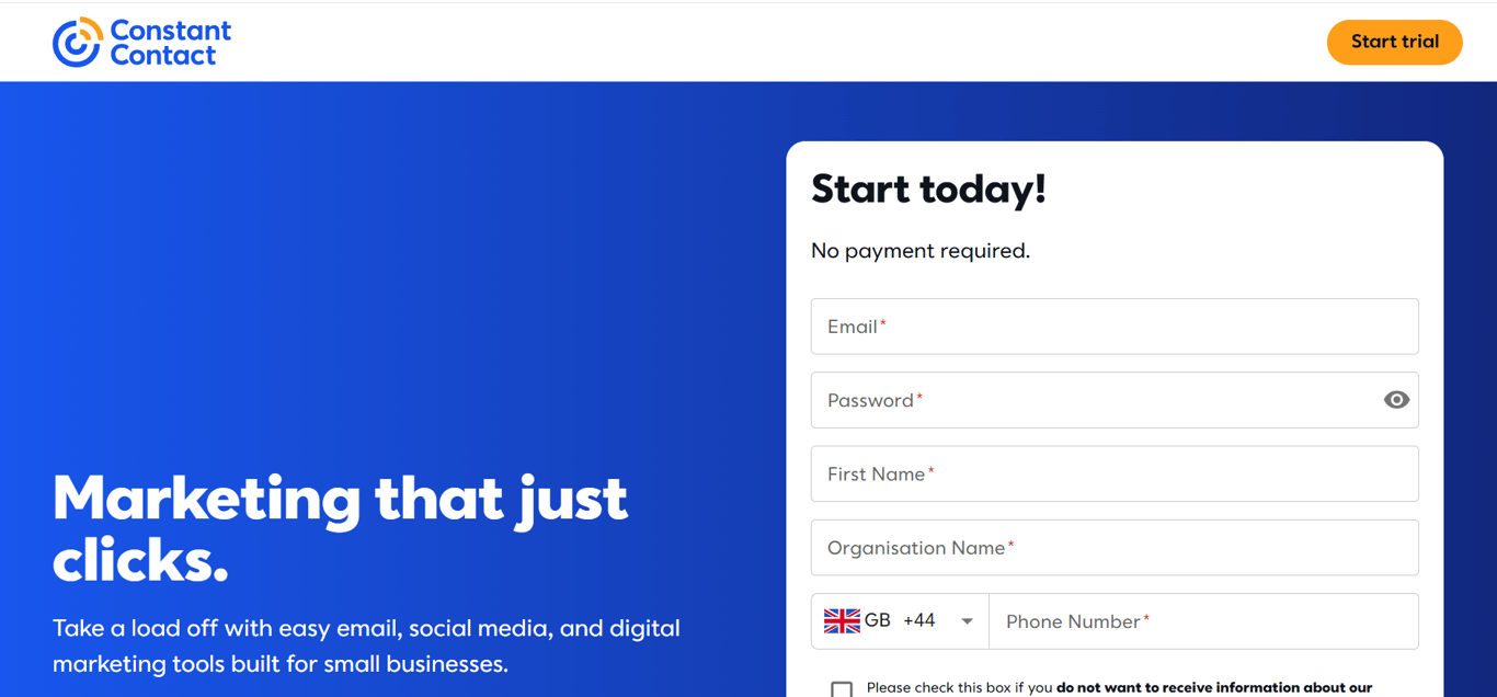 Homepage of Constant Contact