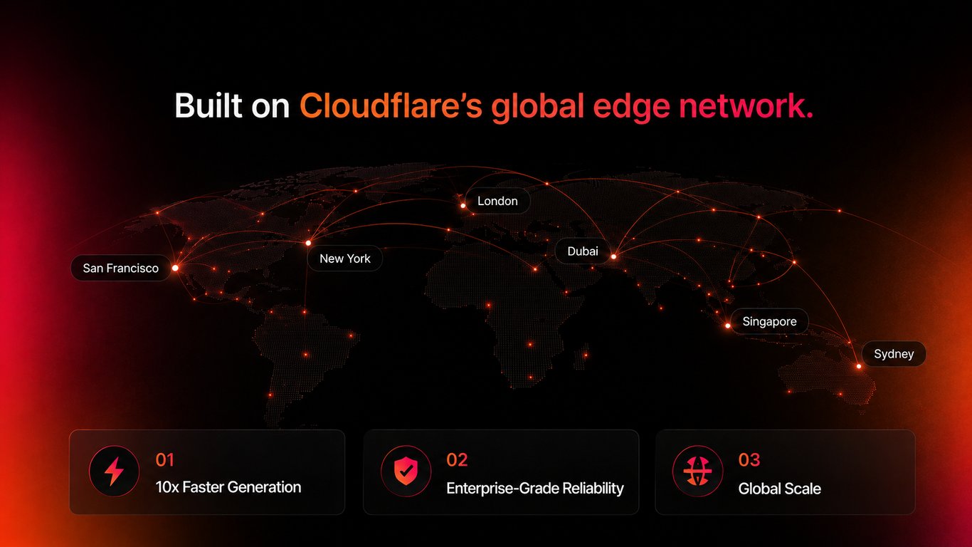 Illustration of MigmaAI running on Cloudflare's global edge network, highlighting faster email generation, enterprise reliability, and worldwide scalability.