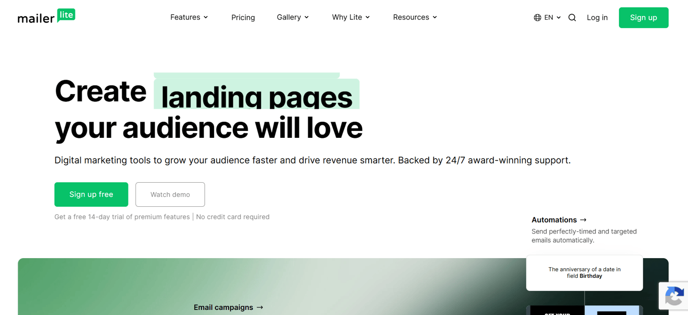Homepage of MailerLite SS