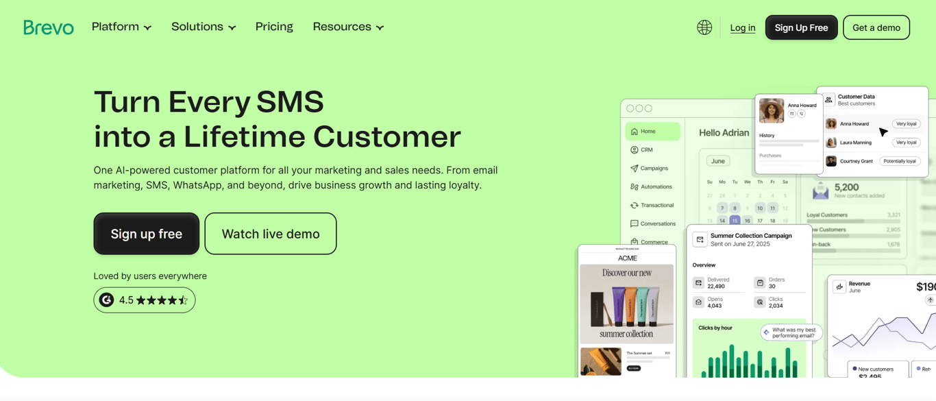 Brevo email marketing dashboard screenshot showing combined email and SMS automation workflow