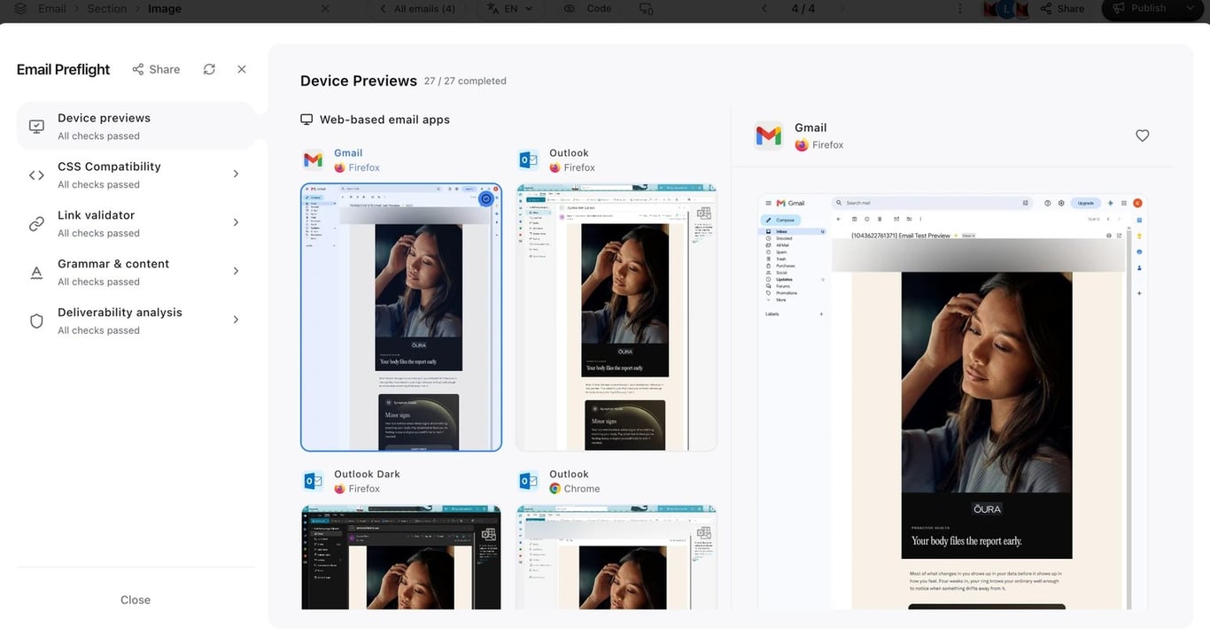 Email Preflight with every check passed and device previews in Gmail and Outlook