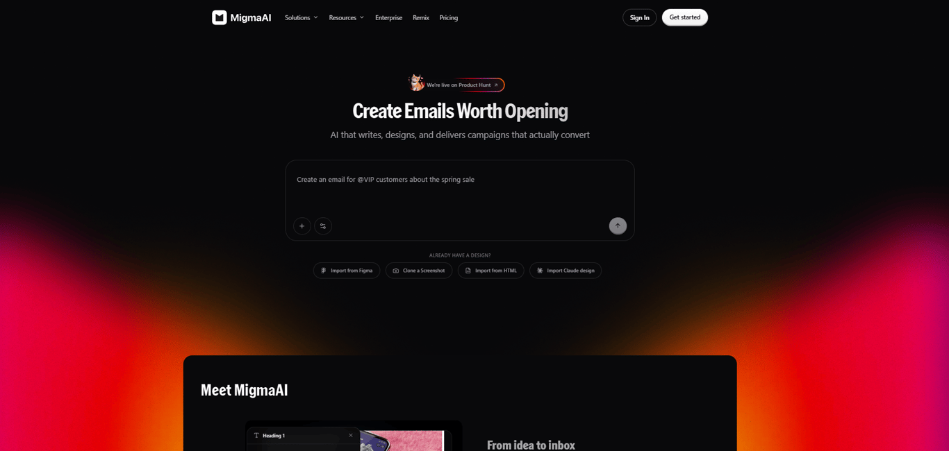 Migma AI homepage showing prompt-to-email generation
