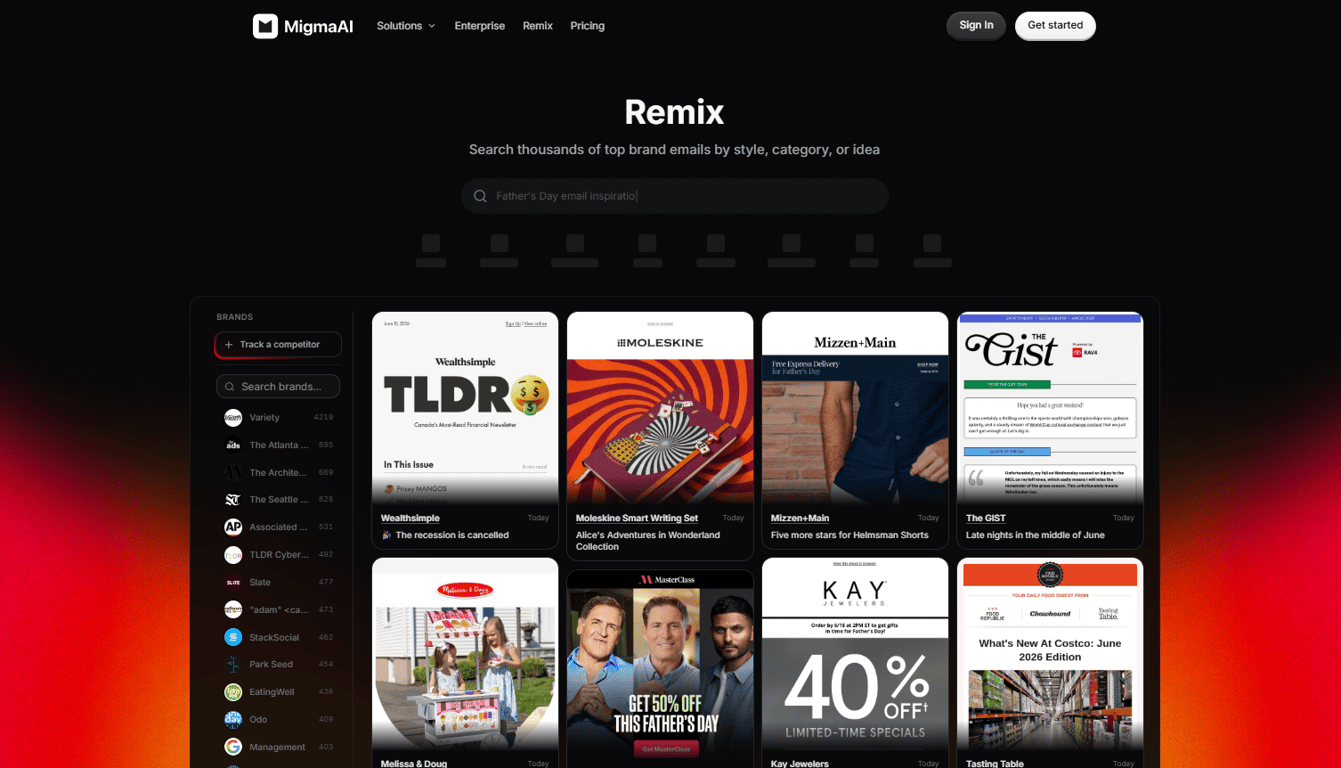 Migma AI Remix library with searchable email design inspiration