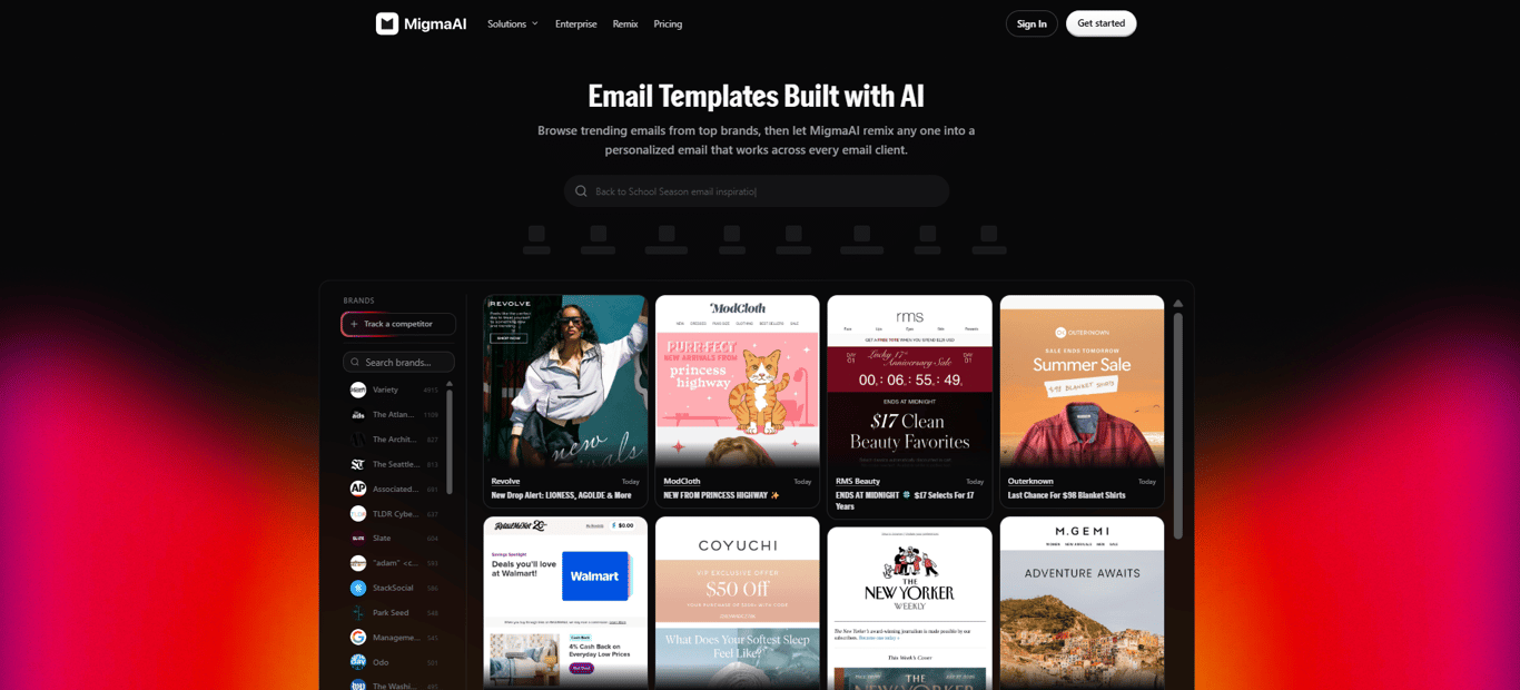 MigmaAI dashboard showing brand import and generated email output 