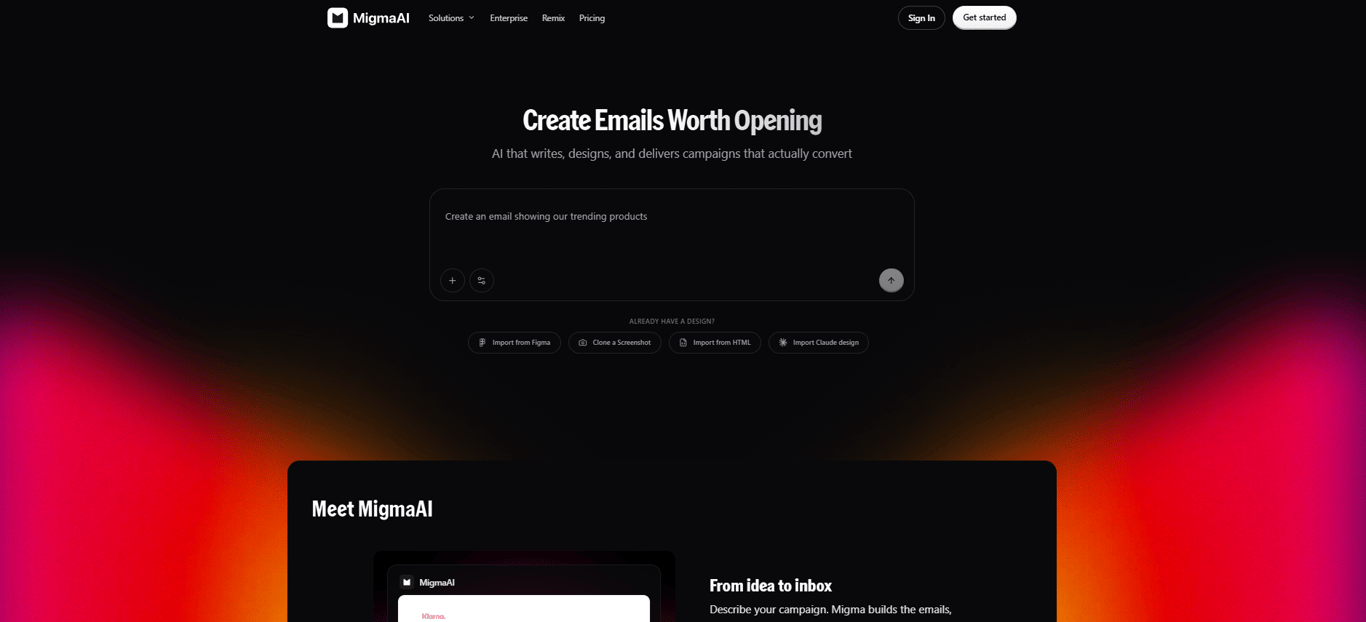 MigmaAI prompt-to-email interface generating a campaign from a written brief