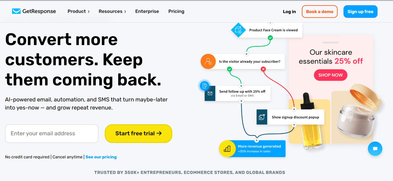 Homepage of GetResponse