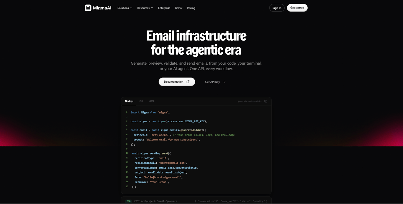 MigmaAI API and integration options screen