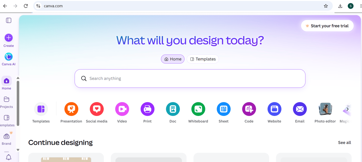 Homepage of Canva 