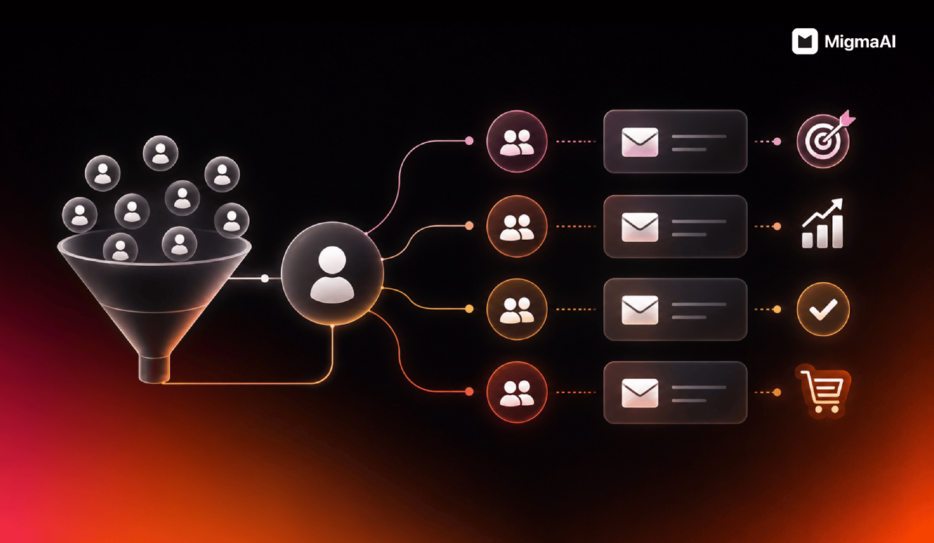 MigmaAI illustration showing audience segmentation: contacts funnel into a single profile node, which splits into four distinct segments