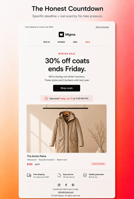 Email marketing example showing a winter sale countdown with 30% off coats, product pricing, and a limited-time offer.