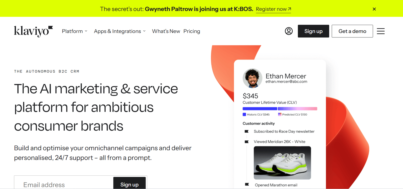 Homepage of Klaviyo