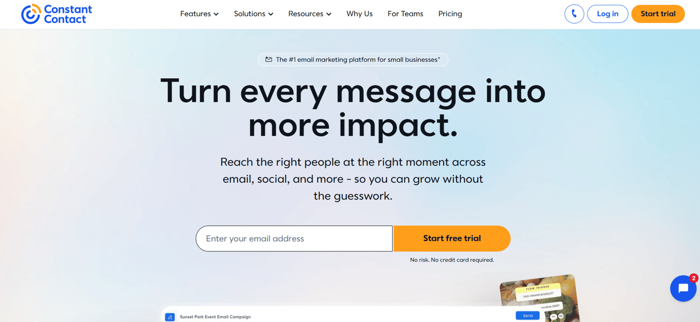 Constant Contact homepage with email signup and free trial CTA" 
