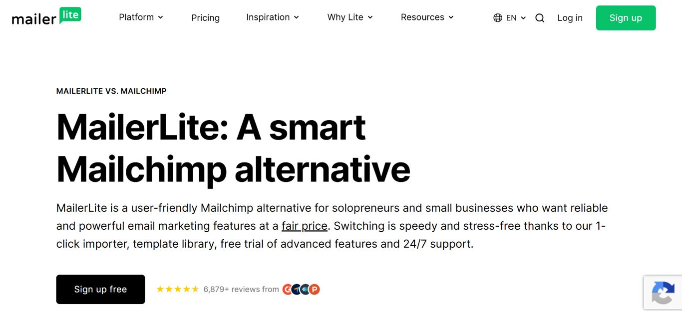Homepage of Mailchimp
