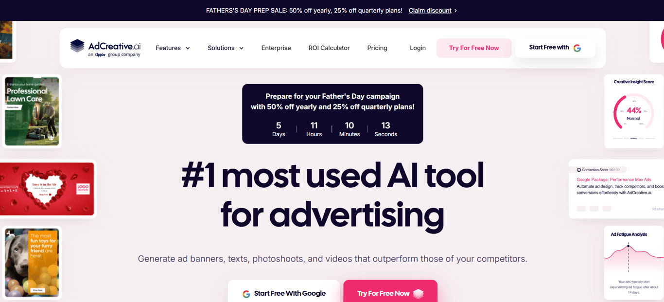 AdCreative.ai homepage showing the headline "#1 most used AI tool for advertising" 