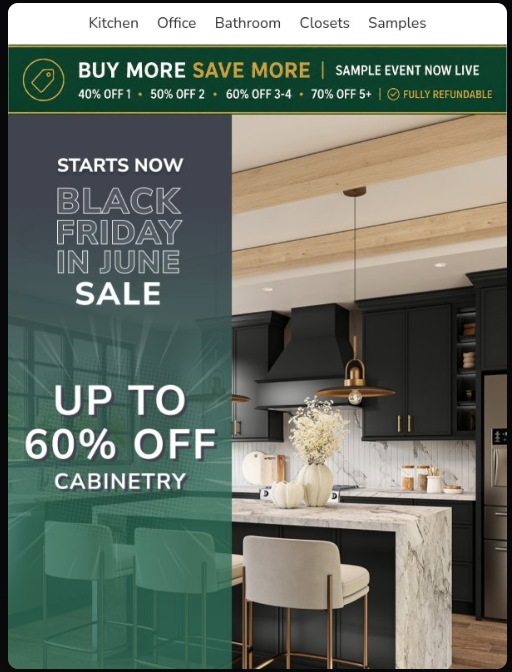 A Black Friday email template with early access framing, a bold discount headline, a countdown to the sale end, and a single high-contrast CTA.