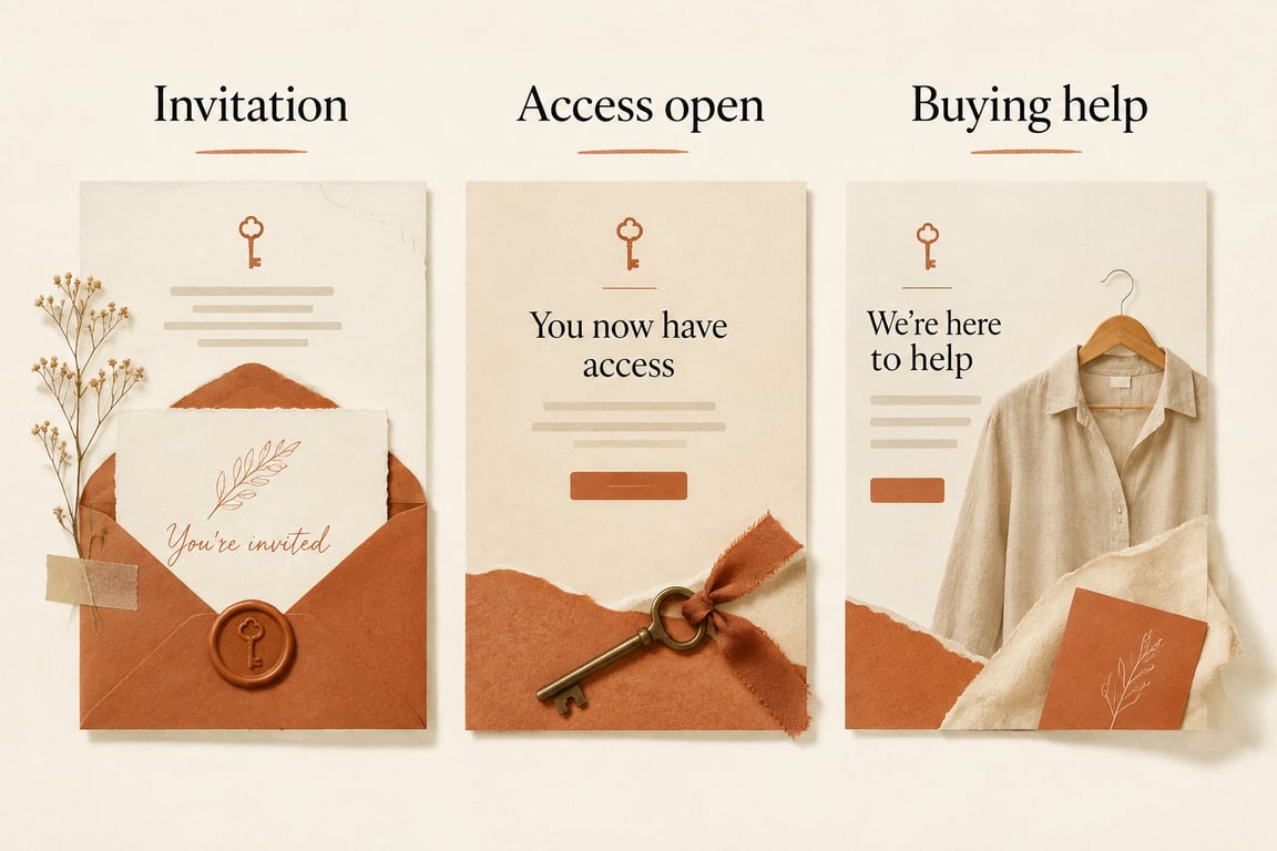 Correos de invitación, apertura de acceso y ayuda de compra con un diseño de acceso anticipado coherente