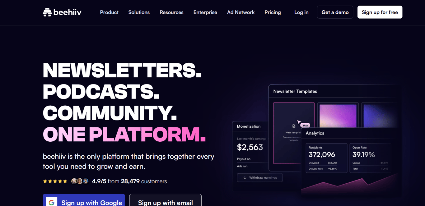 Homepage of beehiiv