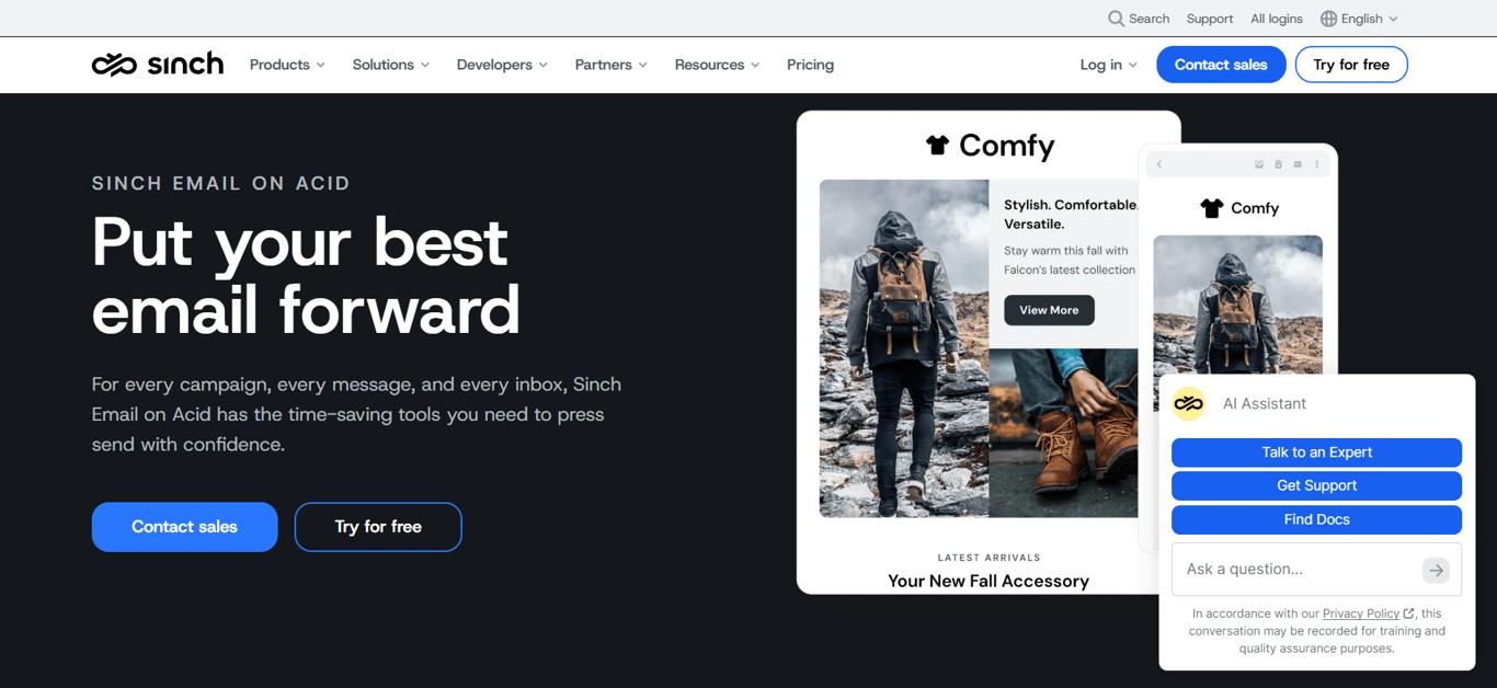 Homepage of Sinch