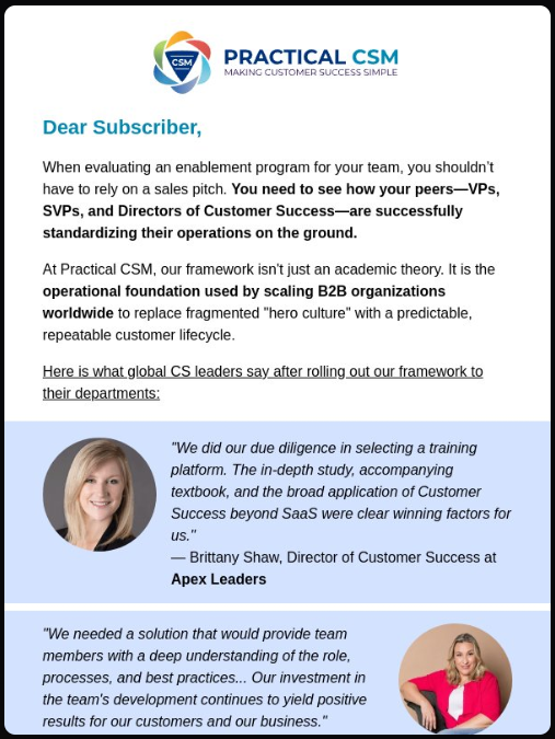 A customer success story email template written in first person, featuring a direct quote from the customer, a brief outcome summary, and a CTA to read the full story. 