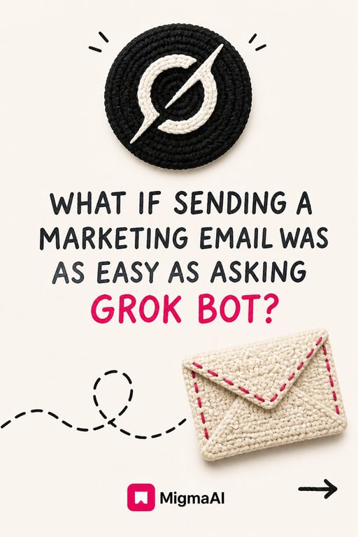 Sobre de punto y logotipo de Grok Bot con texto sobre el envío de un correo de marketing