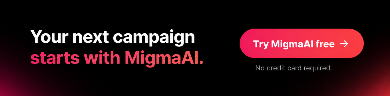 Migma AI call-to-action banner for AI-powered email campaigns