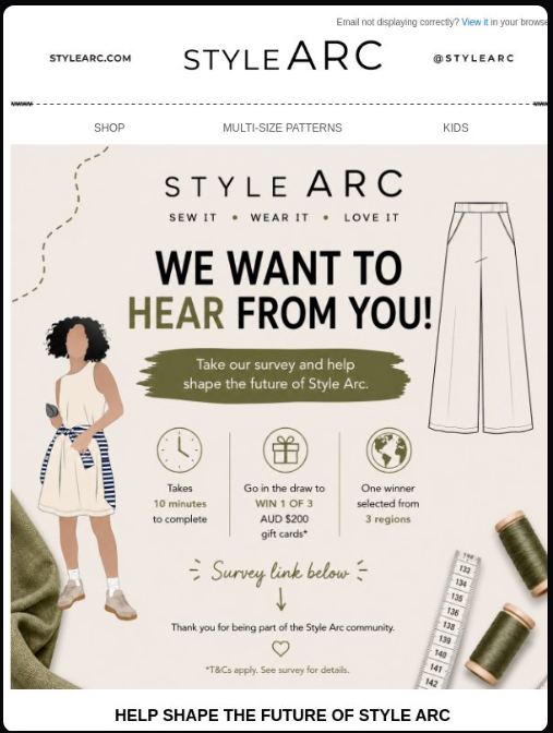 A survey email template framing the request around a shared outcome, listing three questions inline, and offering an incentive for completion. 