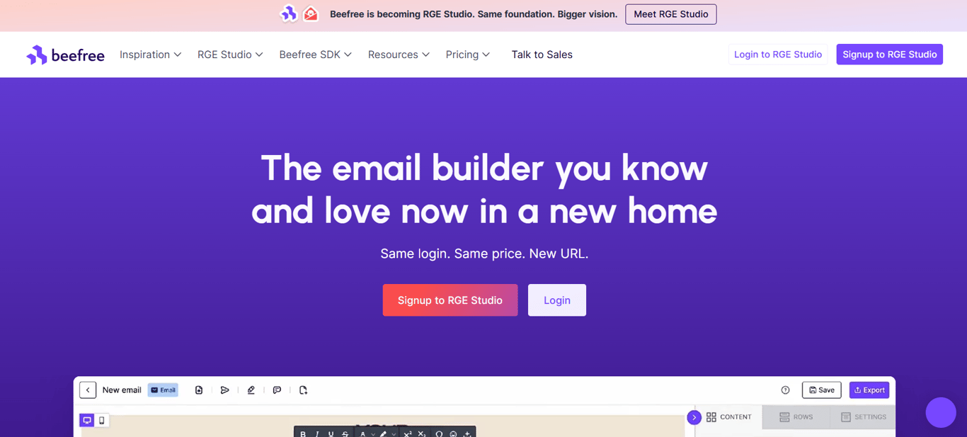 BeeFree drag-and-drop email builder interface.
