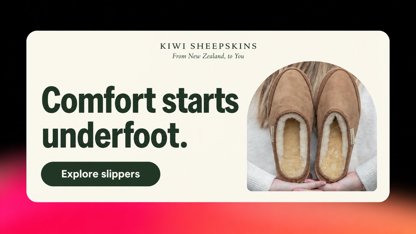 Illustrative Kiwi Sheepskins slipper email with cream and green styling and the headline Comfort starts underfoot.