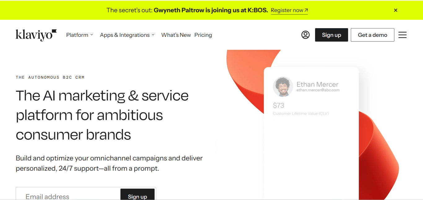 Homepage for Klaviyo