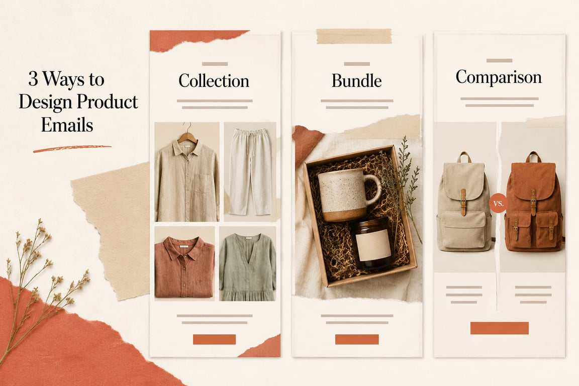 Collection, gift bundle and product comparison email layout examples