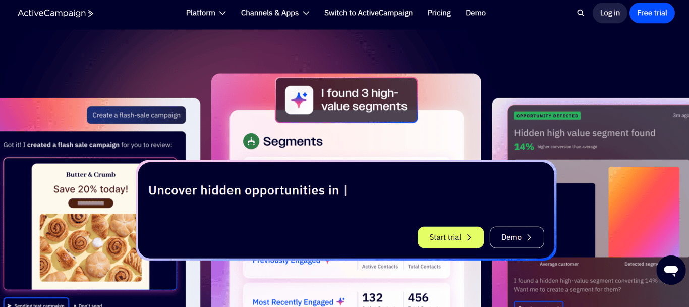 Homepage of ActiveCampaign SS