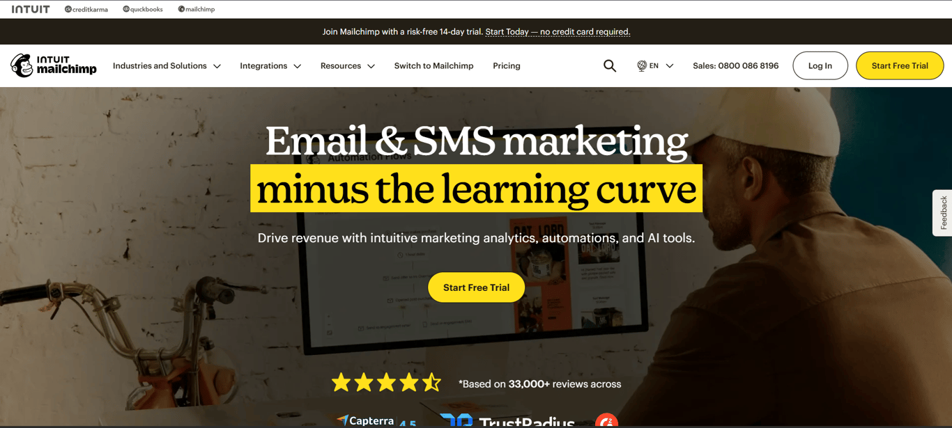 Mailchimp homepage highlighting email and SMS marketing with AI tools" 