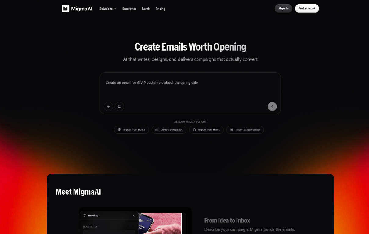 MigmaAI homepage showing AI email campaign creation prompt and import options" 
