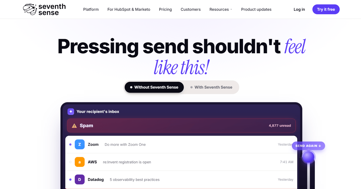 Seventh Sense landing page comparing inboxes with and without send-time optimization" 