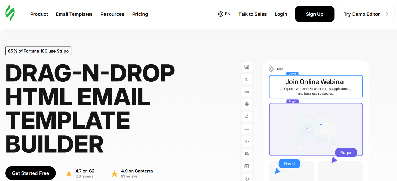 Stripo email template builder with visual editing tools.