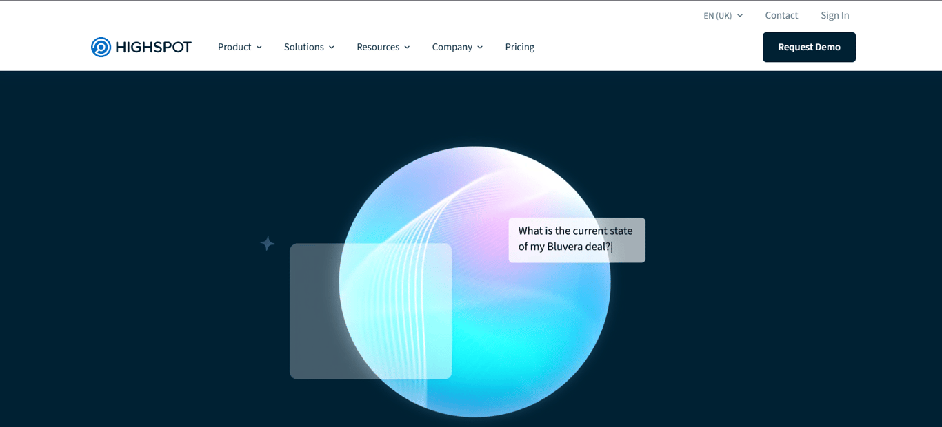 Highspot homepage showing an AI-powered sales query interface with a glowing blue sphere graphic and the prompt "What is the current state of my Bluvera deal?" 