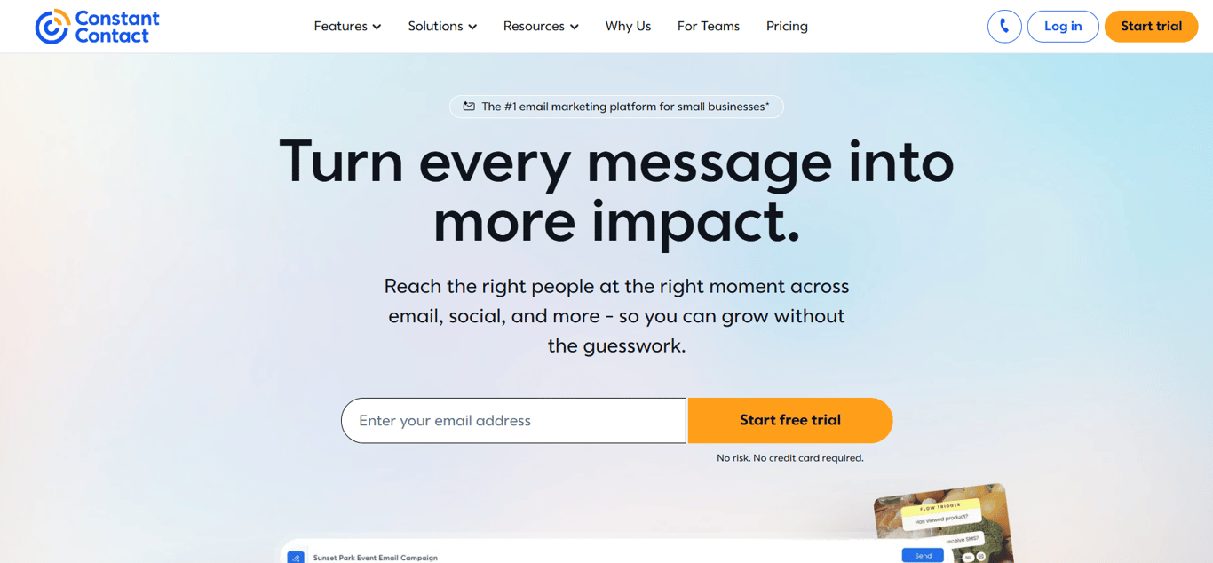 Constant Contact email marketing dashboard screenshot showing the drag-and-drop newsletter editor