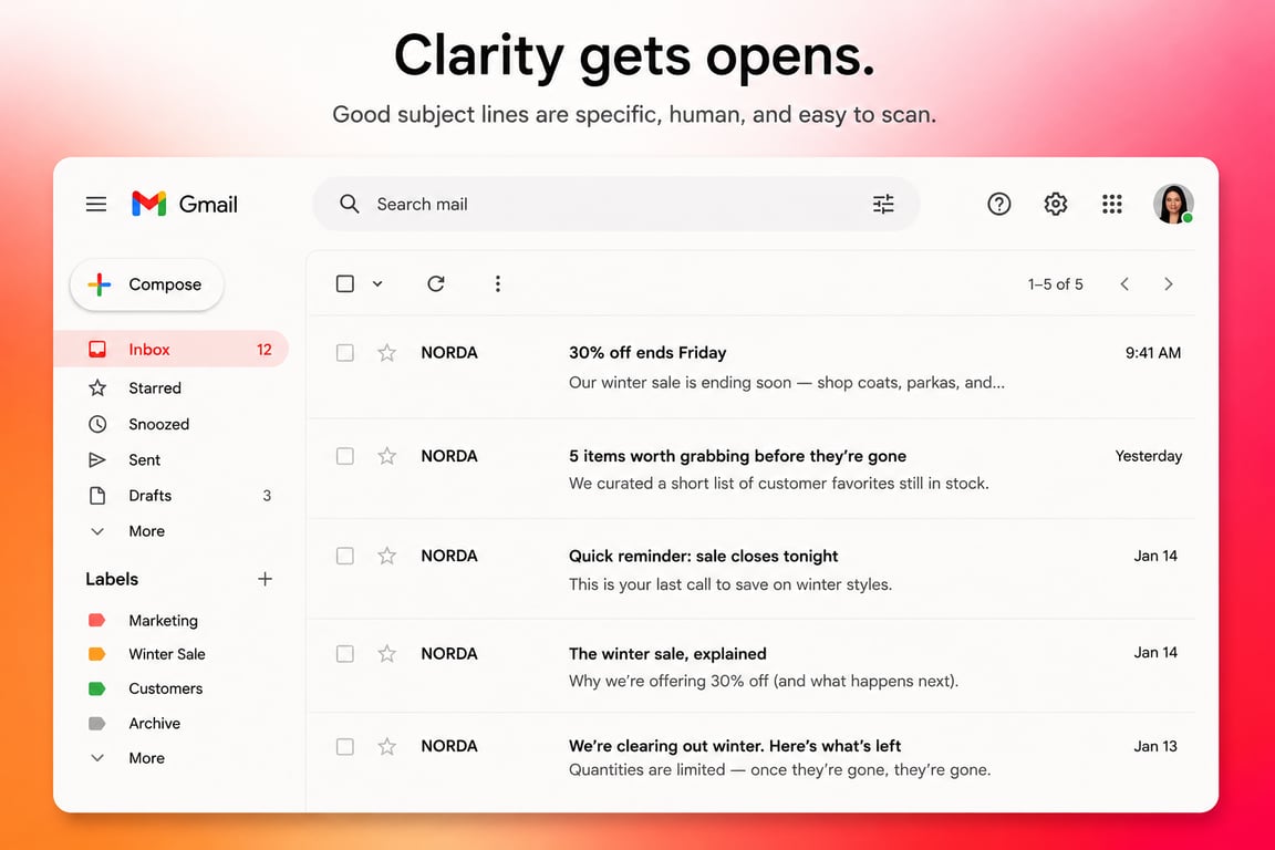 Gmail inbox showing clear, specific email subject lines for a winter sale marketing campaign.