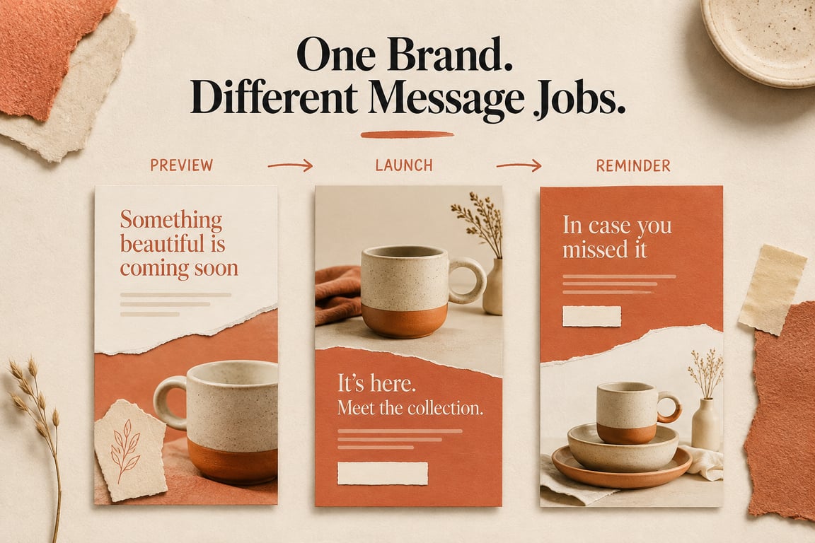 Preview, launch and reminder emails sharing one ceramic brand identity