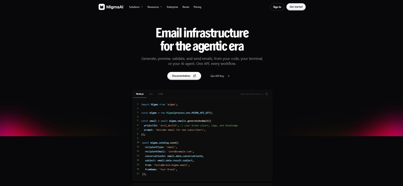 Migma AI developers page showing API and SDK tools