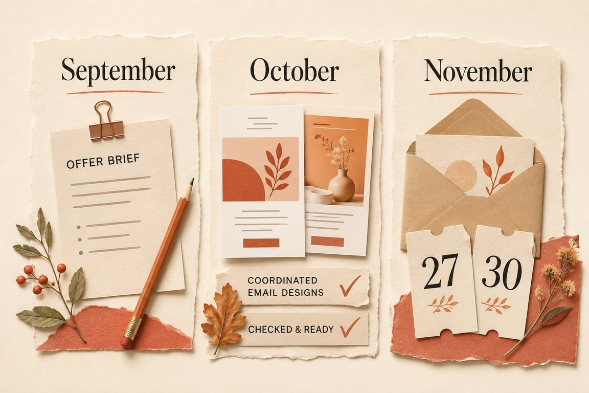 September offer planning, October email design and testing, and November campaign dates