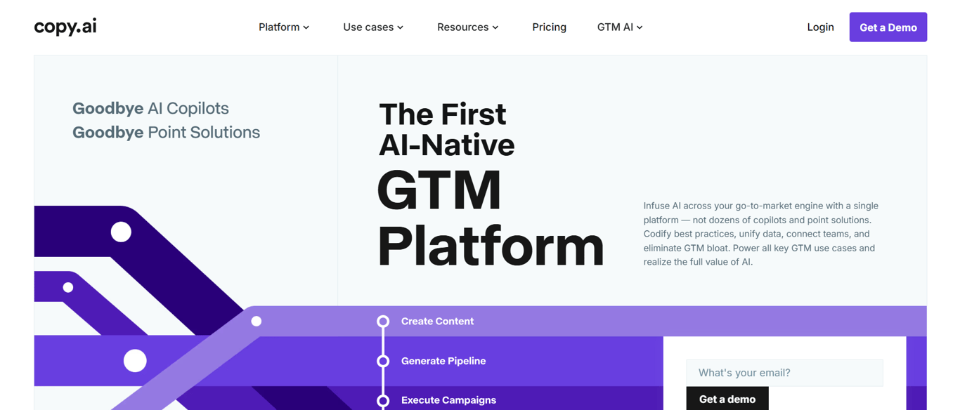 Copy.ai GTM platform showing automated workflow builder for generating email sequences and outreach copy at scale