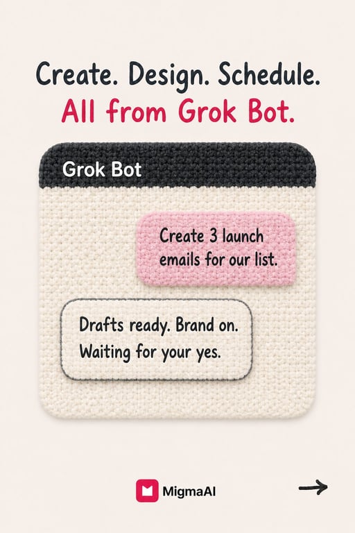 Chat de Grok Bot de punto que muestra una solicitud para crear tres correos de lanzamiento y borradores listos